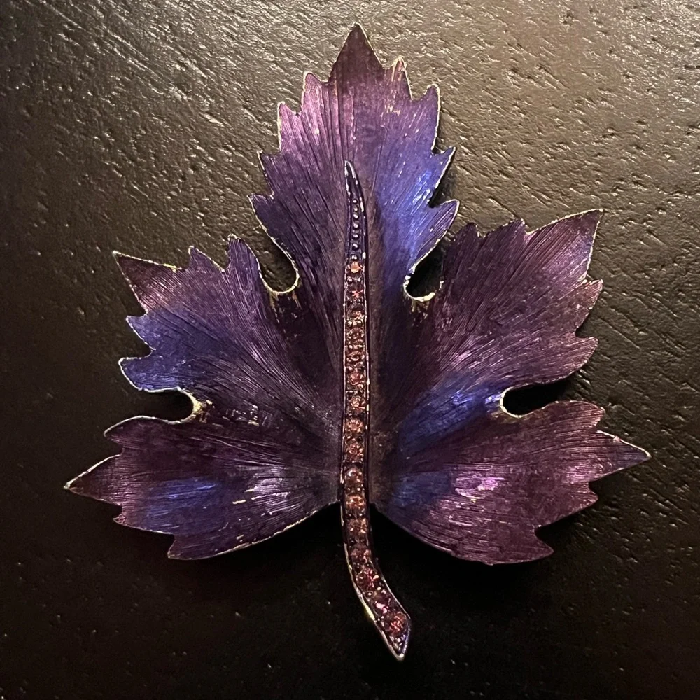 Enamel Purple Leaf Brooch with Rhinestone Detail